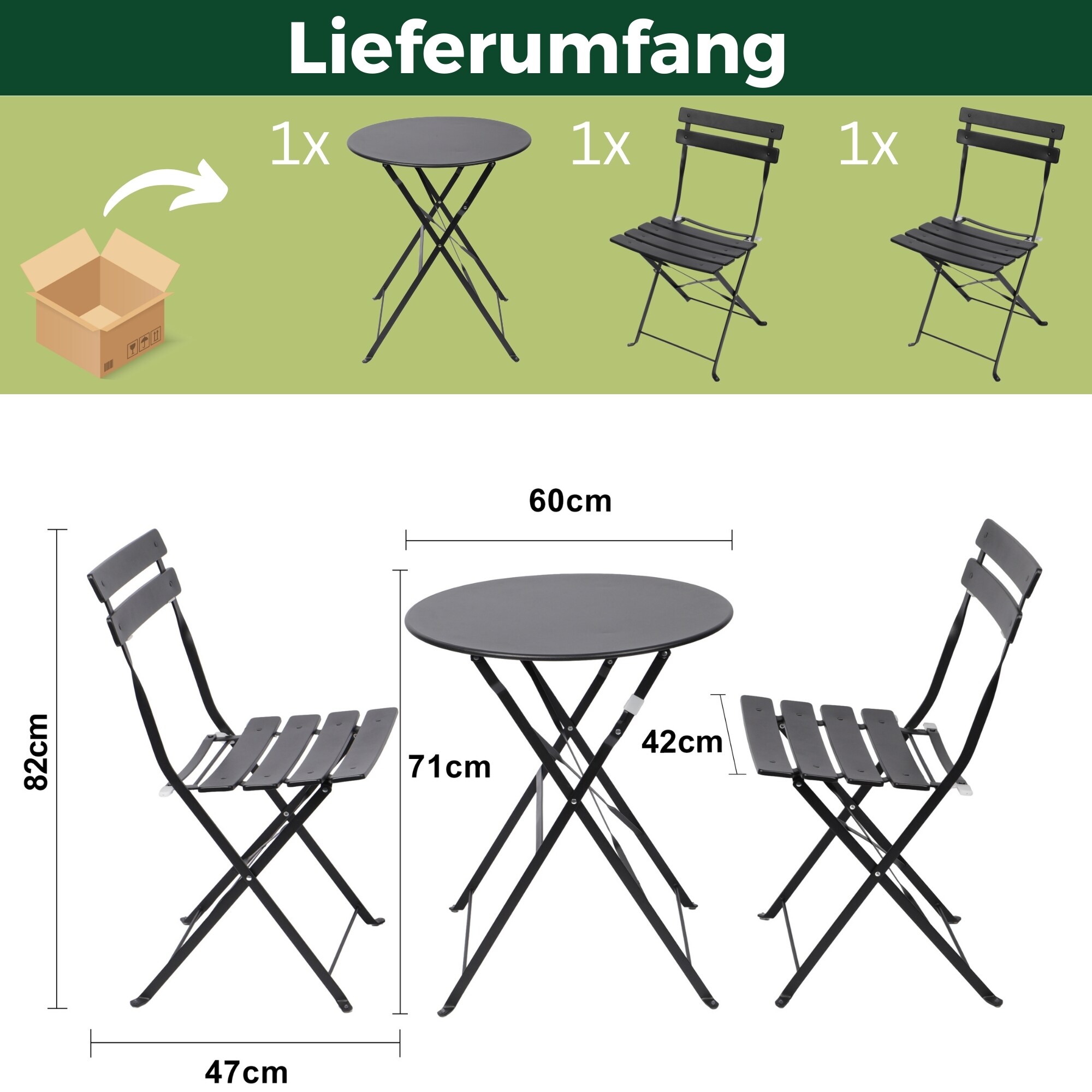 Albatros Bistroset 3-teilig Schwarz – Bistrotisch mit 2 Stühlen – klappbare Stühle und Tisch aus robustem Metall – optimal als Balkonmöbel Set oder Gartenmöbel in modernem Design