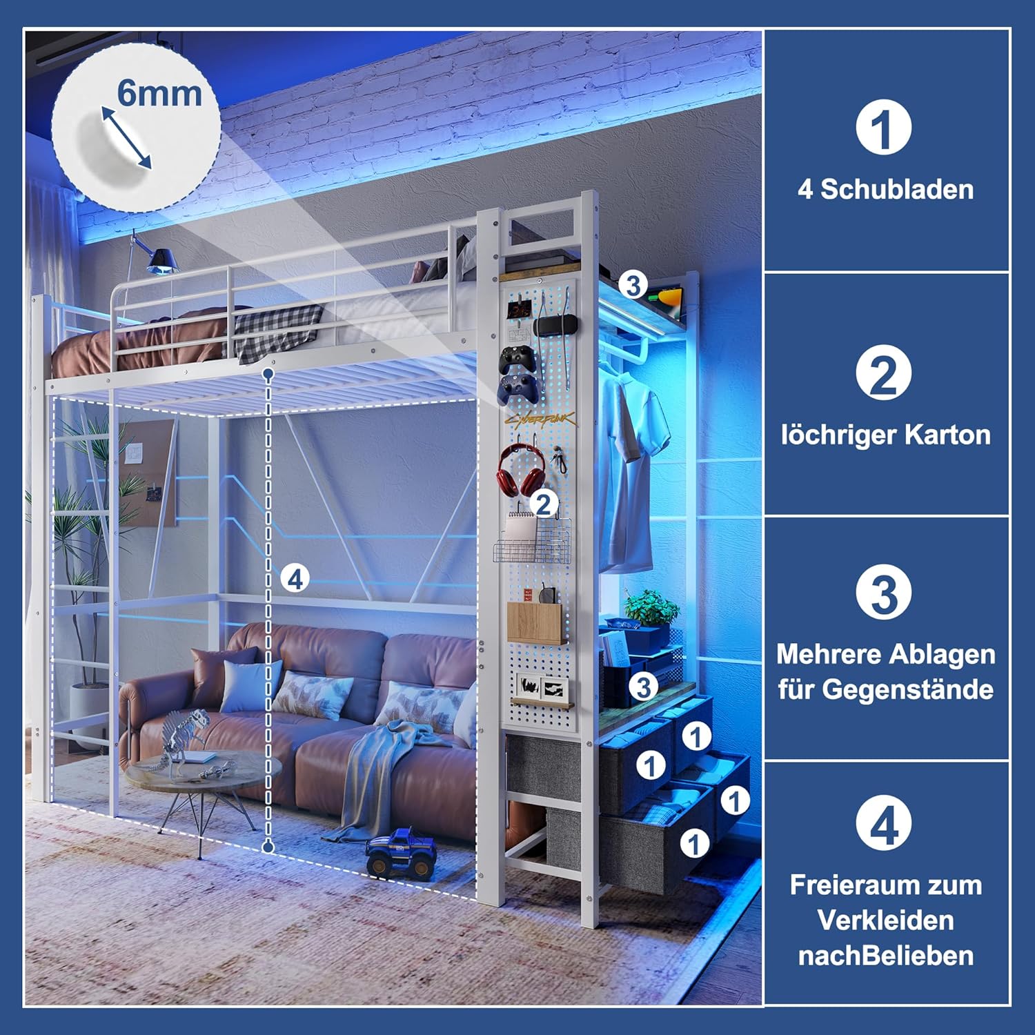 Kebnor Hochbett, Eisenrahmen, Mit Trockenstab, Mit Einlegeböden, 4 Schubladen, Mit USB+Type-C Steckdose, LED-Leiste, Geländer, Trittleiter, mit Lochbrett, ohne Matratze, 90 x 200cm (Weiß)
