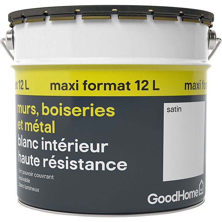 Peinture murs, boiseries et radiateurs haute résistance blanc satin GoodHome 10L + 20% gratuit