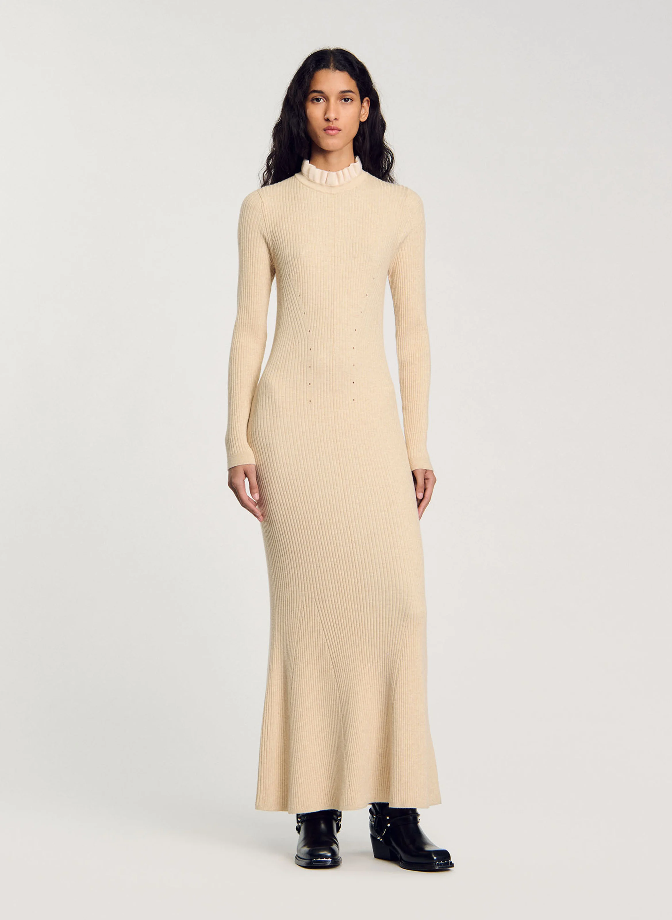 Robe longue col volanté| Beige