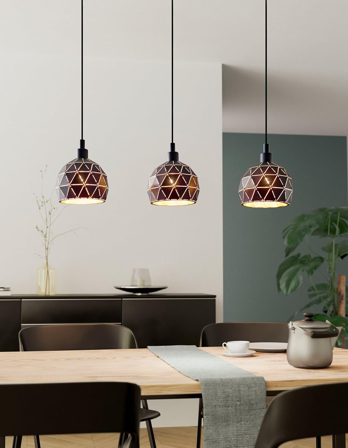 EGLO Pendellampe Roccaforte, 3-flammige Pendelleuchte, Hängelampe aus Metall in Schwarz und Gold, E14 Fassung