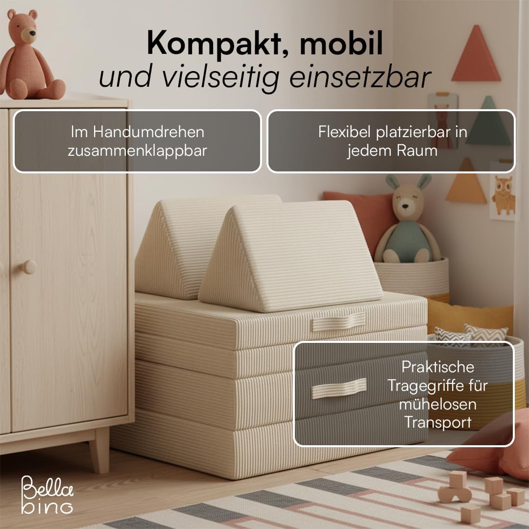 Bellabino Nile Spielsofa für Kinder – Kindersofa Cord in Beige – Spielesofa aus Schaumstoff Bausteine – modulare Kindercouch ausklappbar – Spielcouch waschbarer Bezug – Sofa Kinderzimmer Kuschelecke