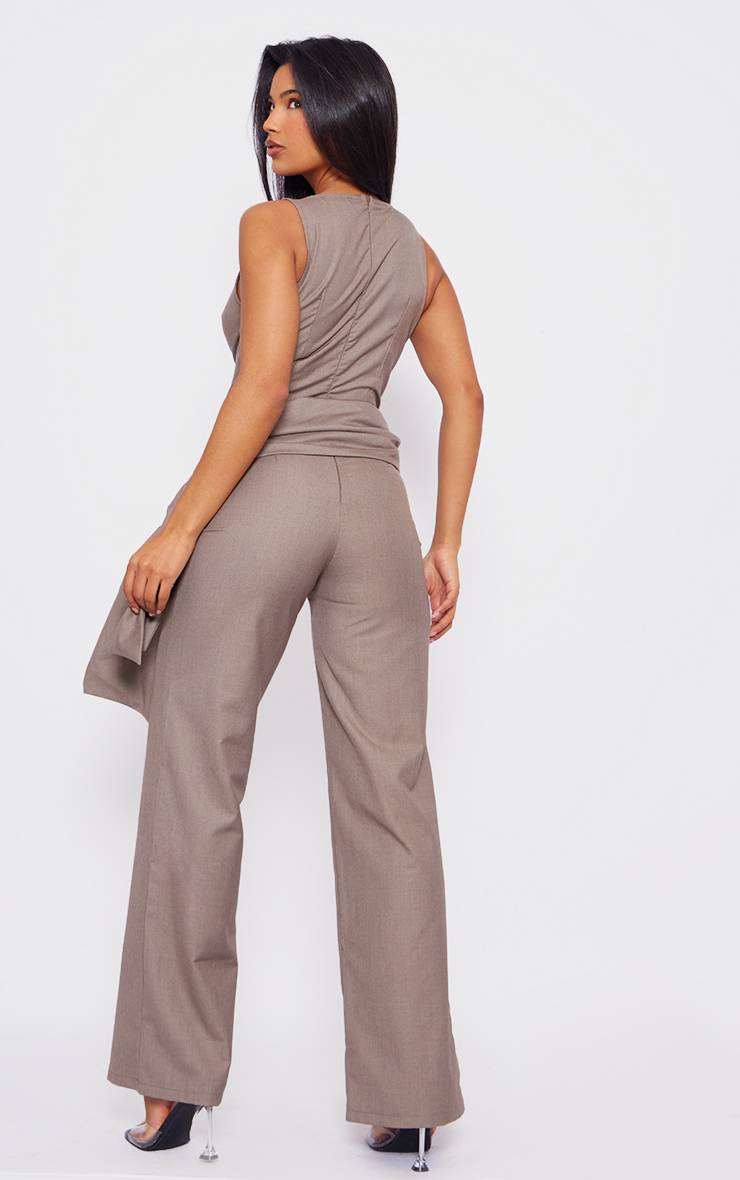 Taupe Combinaison-pantalon Ceinturée Cache-cœur Plongeant Tissée Ajustée