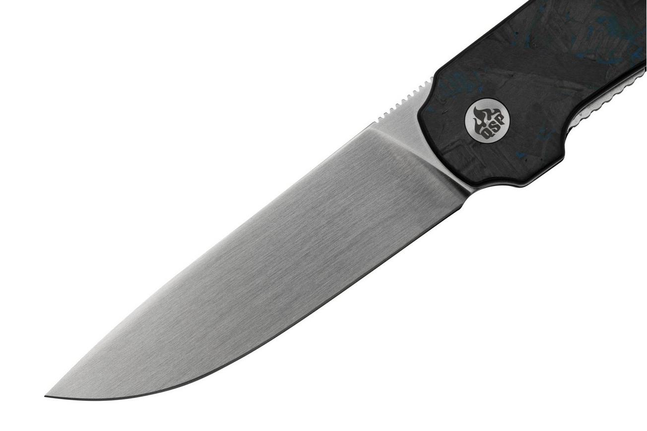 QSP Knife Lark QS144-E, Shredded CF Overlay Blue G10, Satin 14C28N, zakmes