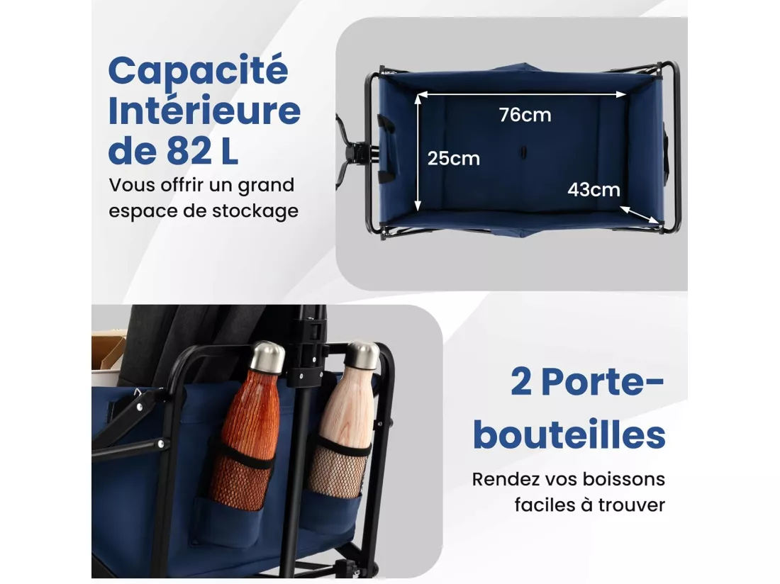 Chariot de Plage Pliable 82 L, Chariot de Transport avec Poignée Réglable et Porte-Boissons Charge 68 kg, Chariot Utilitaire Extérieur pour Jardin CamBoisg Pêche (Marine)