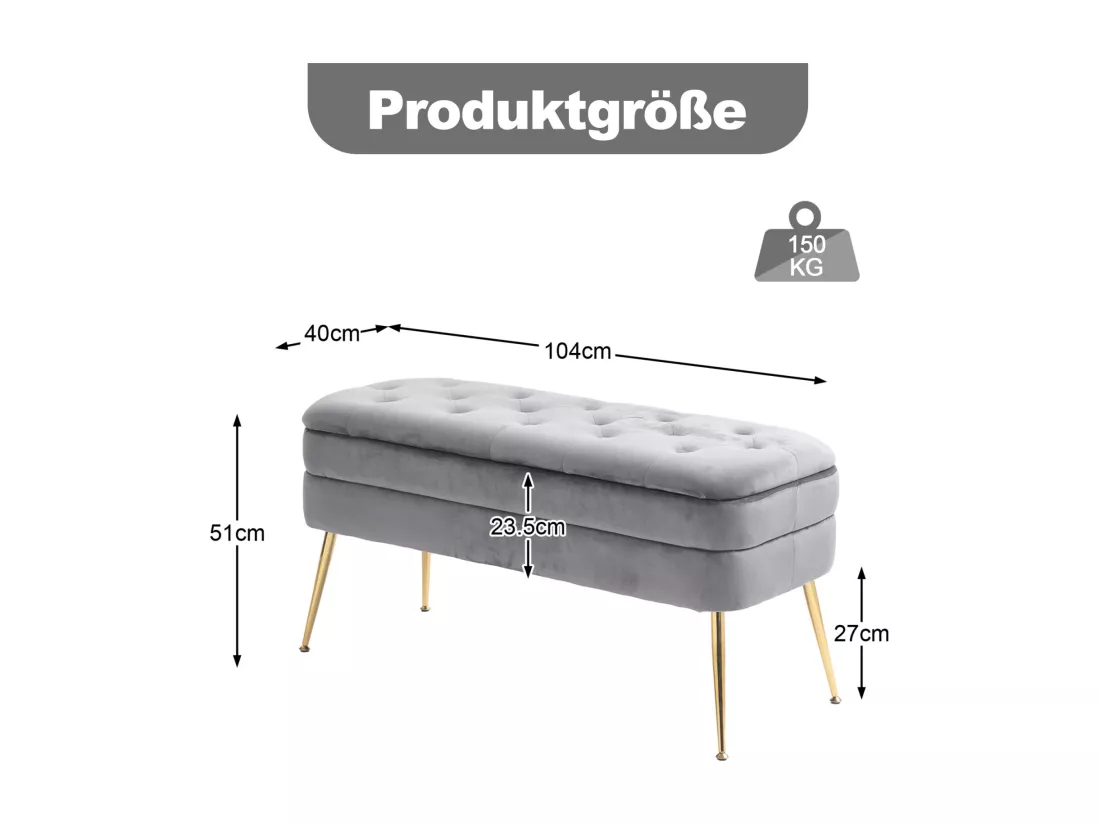 Banc rembourré ottoman de rangement, repose-pied pour entrée, salon et chambre à coucher, en velours, 104x40x51cm, gris