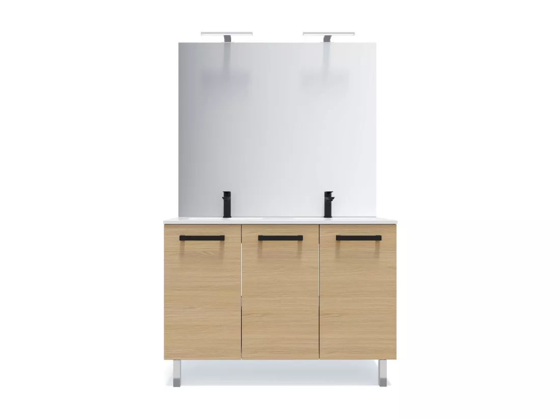 Meuble de salle de bain suspendu avec pieds double vasque intégrée 120cm 3 portes Chêne clair - Chelsea