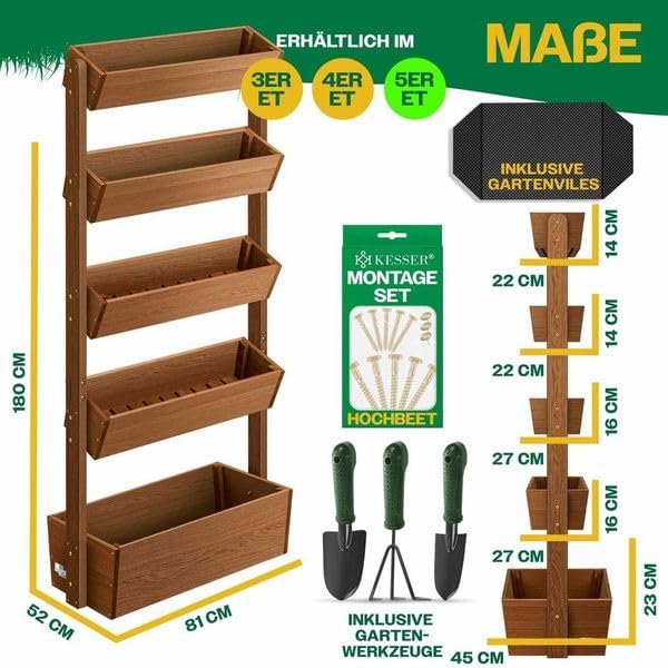 KESSER® Hochbeet mit 5 Etagen Premium Blumenkasten Blumentreppe Pflanztreppe Gemüsebeet Kräuterbeet Pflanzkübel Frühbeet Blumenbeet Pflanzkasten mit Gartenvlies - Beet inkl. Schaufelset, Braun