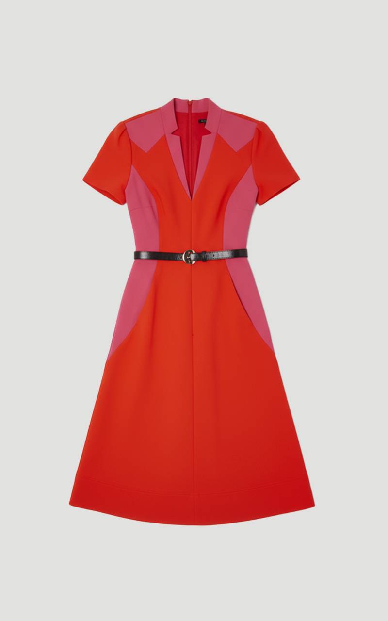 KarenMillen Robe Midi Ajustée à Ceinture avec Jupe Ample et Blocs de Couleurs en Tissu Stretch Compact