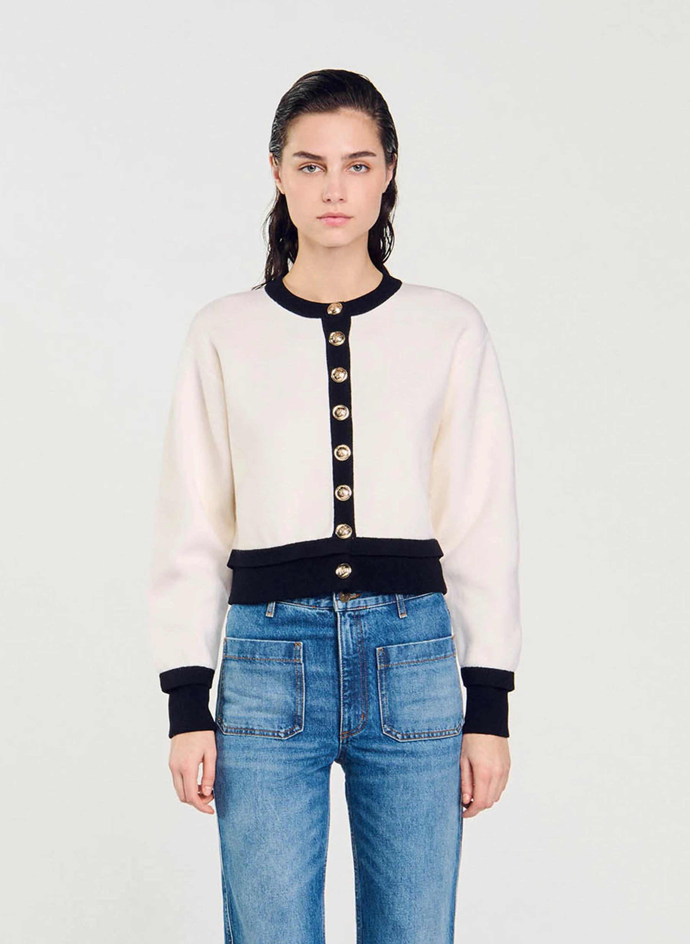 Cardigan droit col rond en laine mélangée | Multicolore