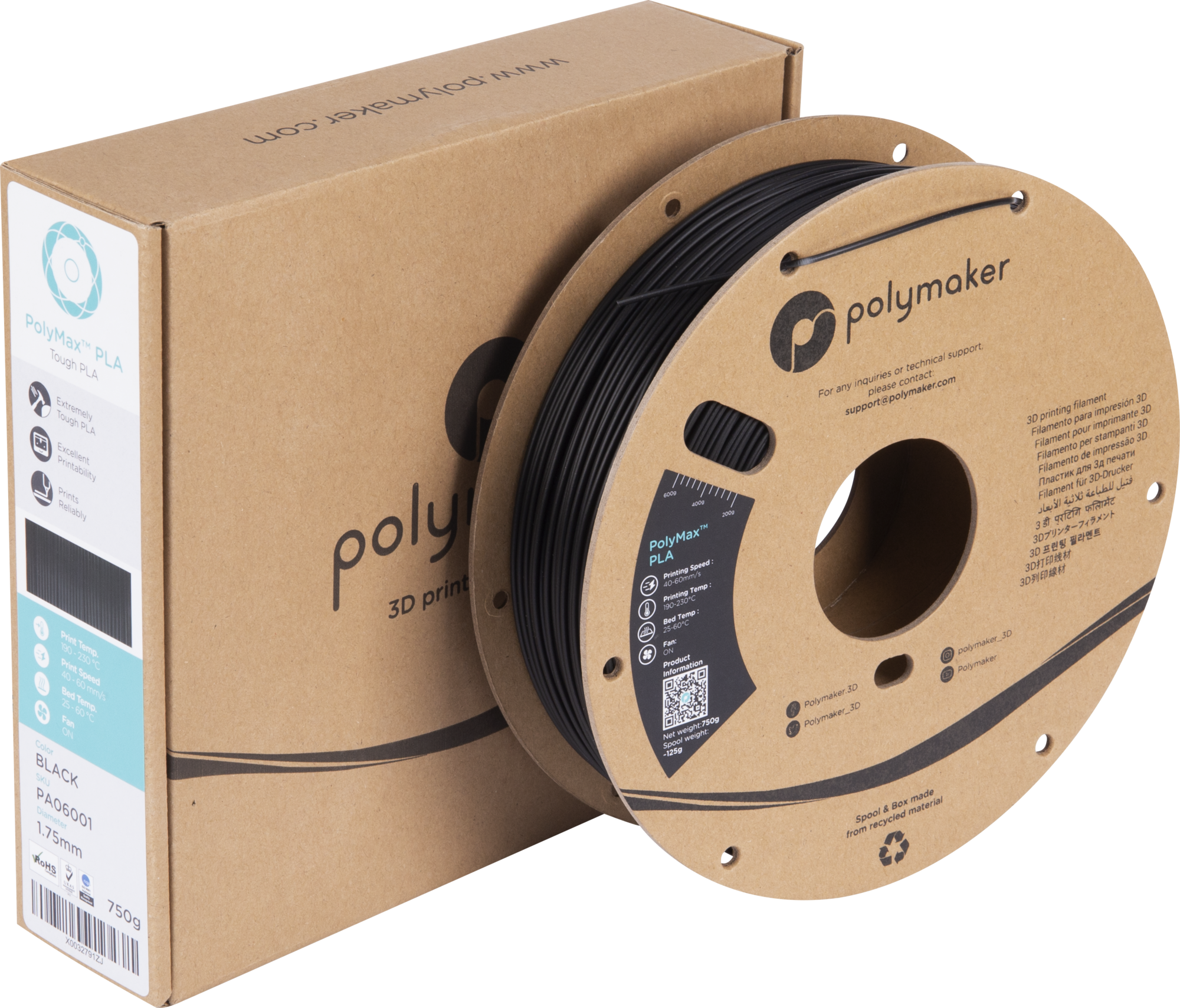Polymaker  PolyMax PLA Schwarz, 1,75 mm / 750 g    Das schwarze Filament mit 9-fach höherer Belastbarkeit als herkömmliches PLA