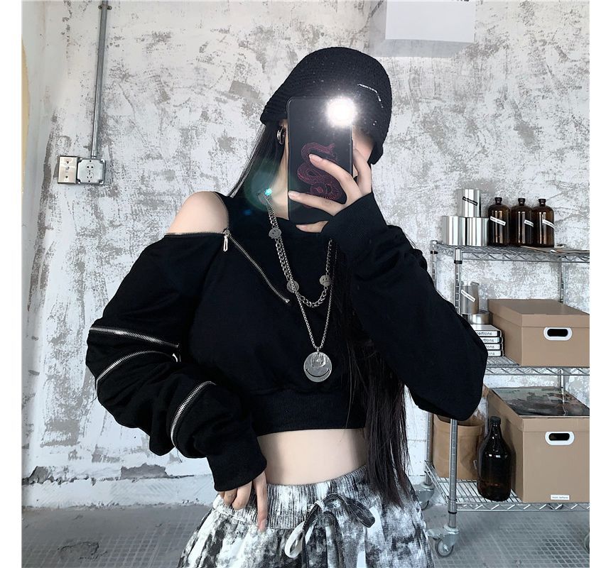 Kenning - Ronde hals effen cropped sweatshirt met meerdere ritsen