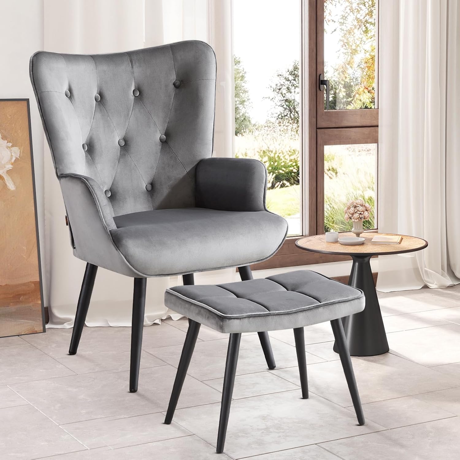 Sessel mit Hocker, Ohrensessel mit Hocker aus Samt, Sessel Wohnzimmer Relaxsessel mit Fußstütze Loungesessel Polstersessel fürs Wohnzimmer Schlafzimmer Arbeitszimmer, Grau