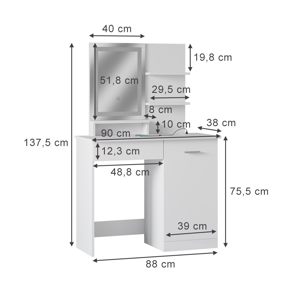 Vicco Schminktisch Julia 90 cm mit LED-Spiegel und QI-Ladestation
