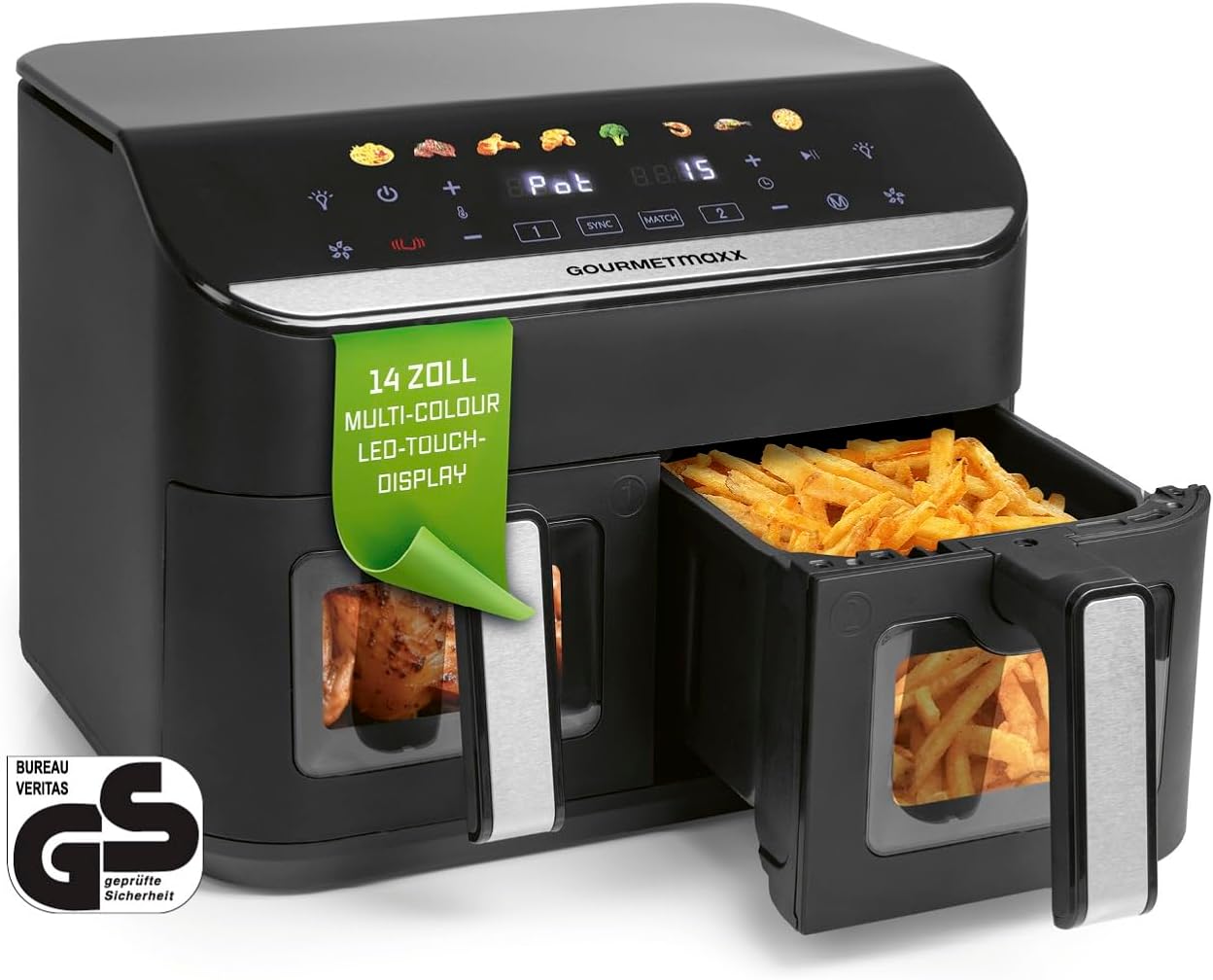 GOURMETmaxx AirGenius Heißluftfritteuse, 9 L - 2 x 4,5 L Airfryer | Fritteuse mit 8 Programmen | Heißluftfritteuse 2 Kammern - 2 Speisen gleichzeitig, für max. 8 Personen | Multi-Color Touchscreen