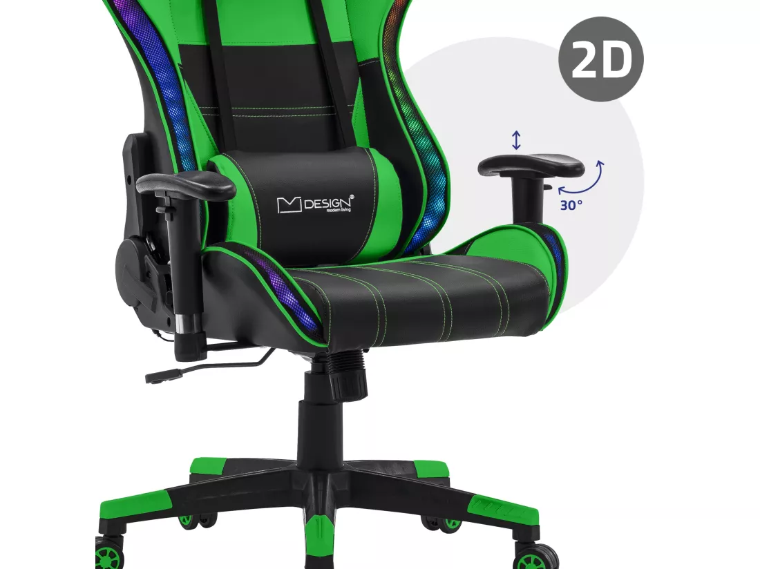 Chaise de jeu avec éclairage RGB & Bluetooth Boxes Noir/Vert en similicuir ML-Design