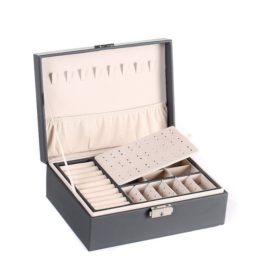 Leder Schmuckschatulle mit Schloss Aufbewahrungsbox Organizer für Ringe / Halskette / Ohrringe / Armbänder - Grau