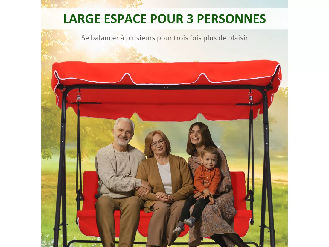 Balancelle de jardin 3 places toit inclinaison réglable coussins assise et dossier 1,72L x 1,1l x 1,52H m acier noir polyester rouge