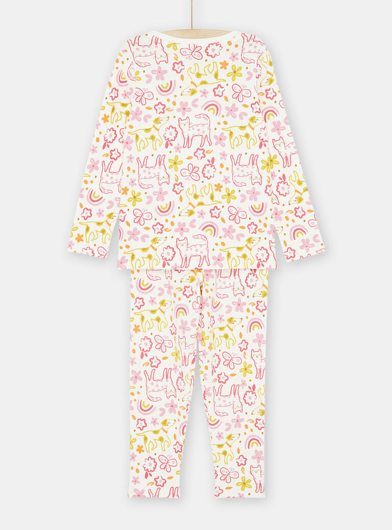 Pyjama écru, rose et jaune à imprimé fantaisie fille