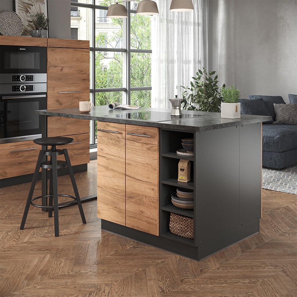Vicco Kücheninsel Küchenblock Einbauküche Fame-Line Anthrazit Eiche Goldkraft 90 cm modern Hochglanz Küchen Schränke Regalunterschrank Küchenunterschrank Regalinselunterschrank Softclose-Scharnier Küchenmöbel