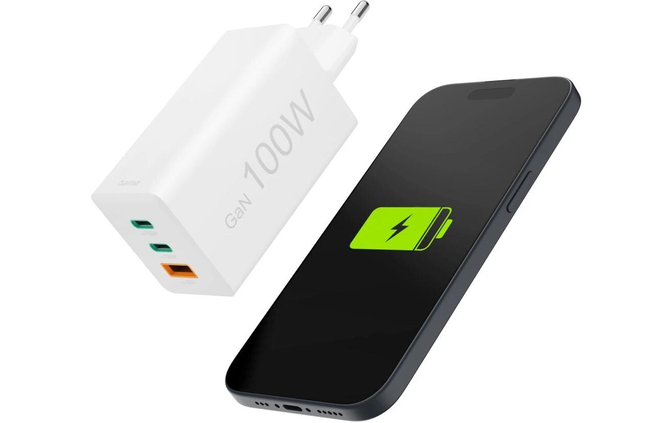 USB-Wandladegerät Gan charger 1x USB-A 2x USB-C 100 W WeissSchnellladegerät mit 1x USB-A und 2x USB-C