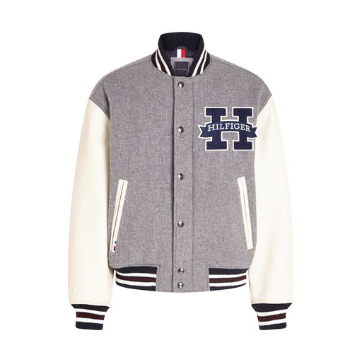 Tommy Hilfiger Leather Varsity Bomber Jakke, Light Grey Heather, XL