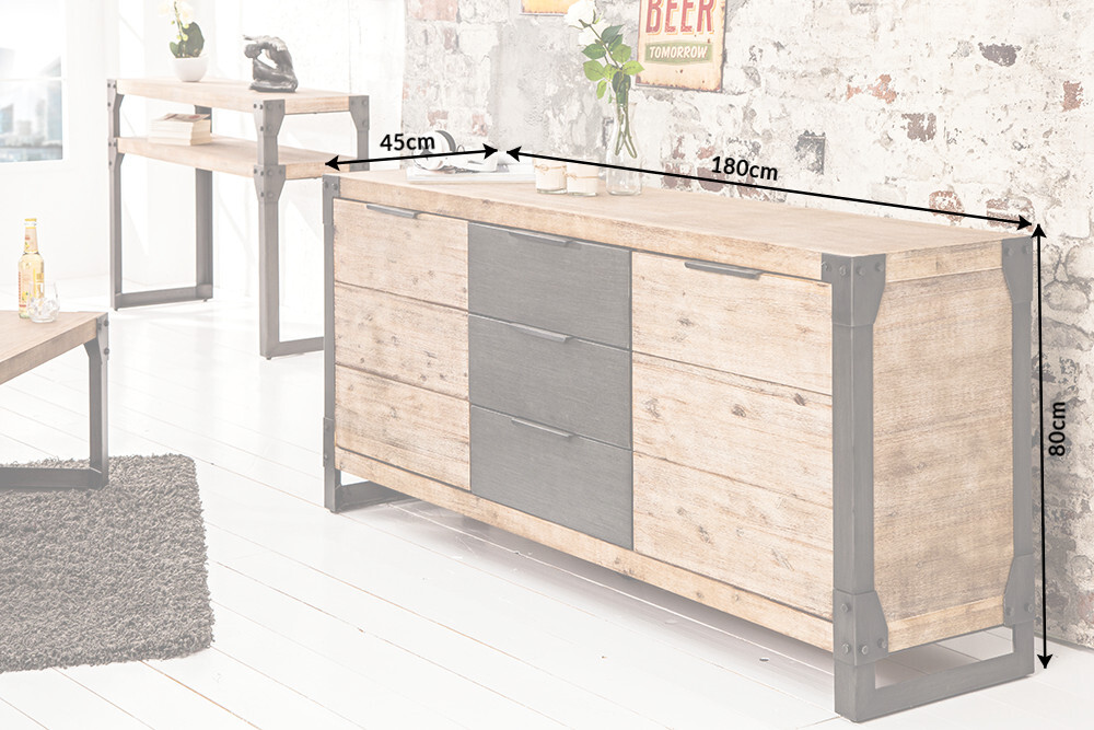 Industrial Sideboard FACTORY 180cm Akazie Massivholz weiß gekälkt Kommode mit Schubladen
