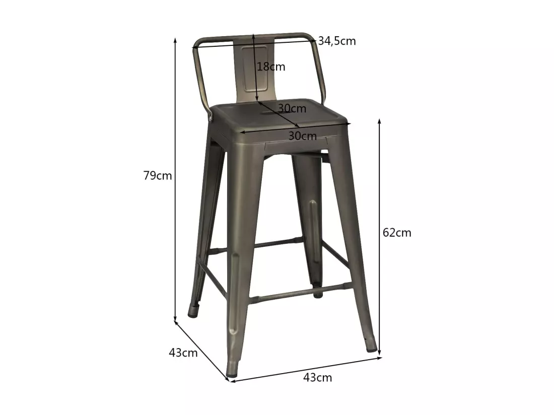 Lot 4 Tabourets de Bar Empilable en Métal avec Dossier Bas Amovible, Hauteur d'Assise 60 CM, Pieds en Caoutchouc Antidérapants, Tabourets Hauts de Bar pour Bistrot, Cuisine, Café