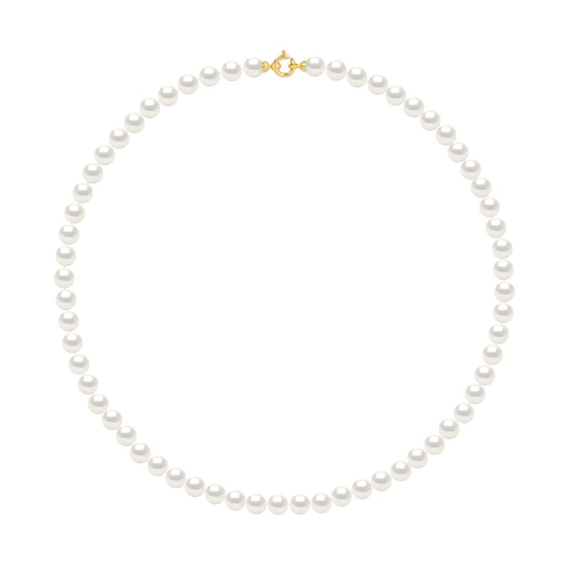 Collier Rang PRINCESSE Perles d'Eau Douce Rondes 7-8 mm Blanches Fermoir Prestige Or Jaune 18 Carats