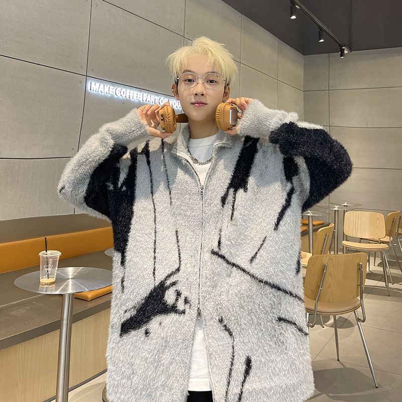 Hushgrain - Mock Neck Color Block Fluffy Zip Cardigan