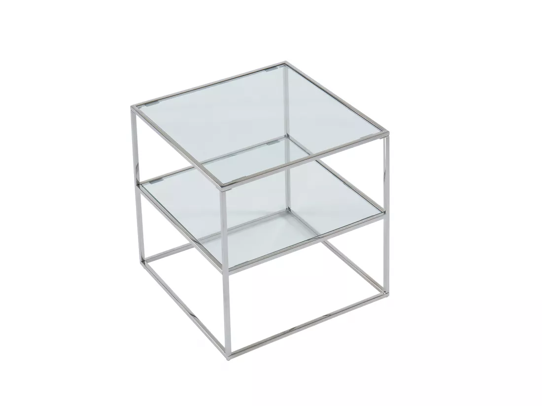 Lot de 2 tables de chevet - 1 tablette - Verre trempé et acier - Argent - KOHANA