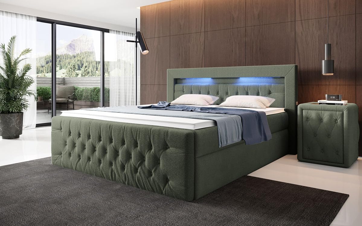 Luxusbetten24 Boxspringbett Menzogna Bouclé 200x200 mit LED-Beleuchtung und Stauraum | Bezug: Bouclé | Farbe: Grün | Härtegrad: H4 (100kg+)
