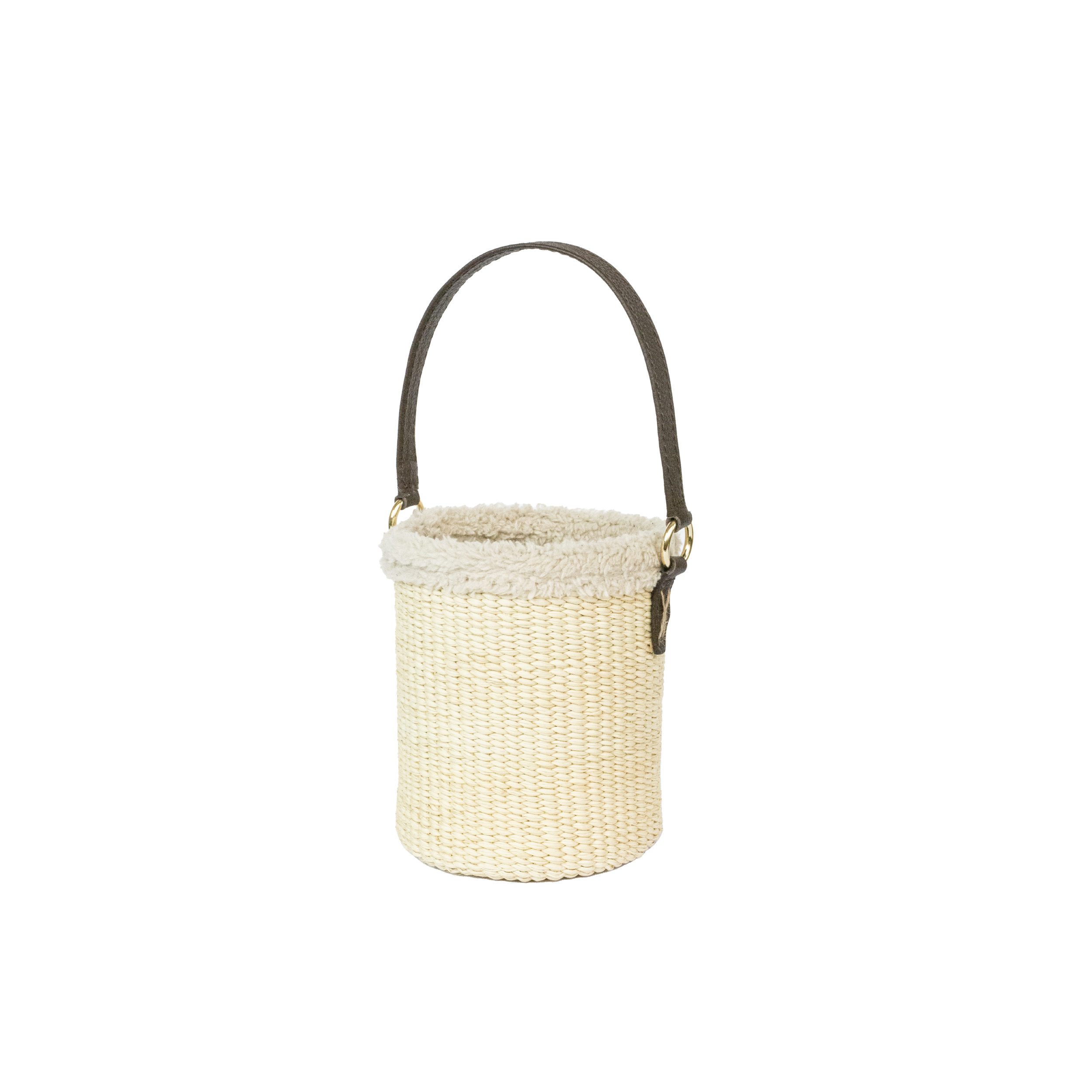 Petit seau en maille épaisse avec bordure en tissu peluche.