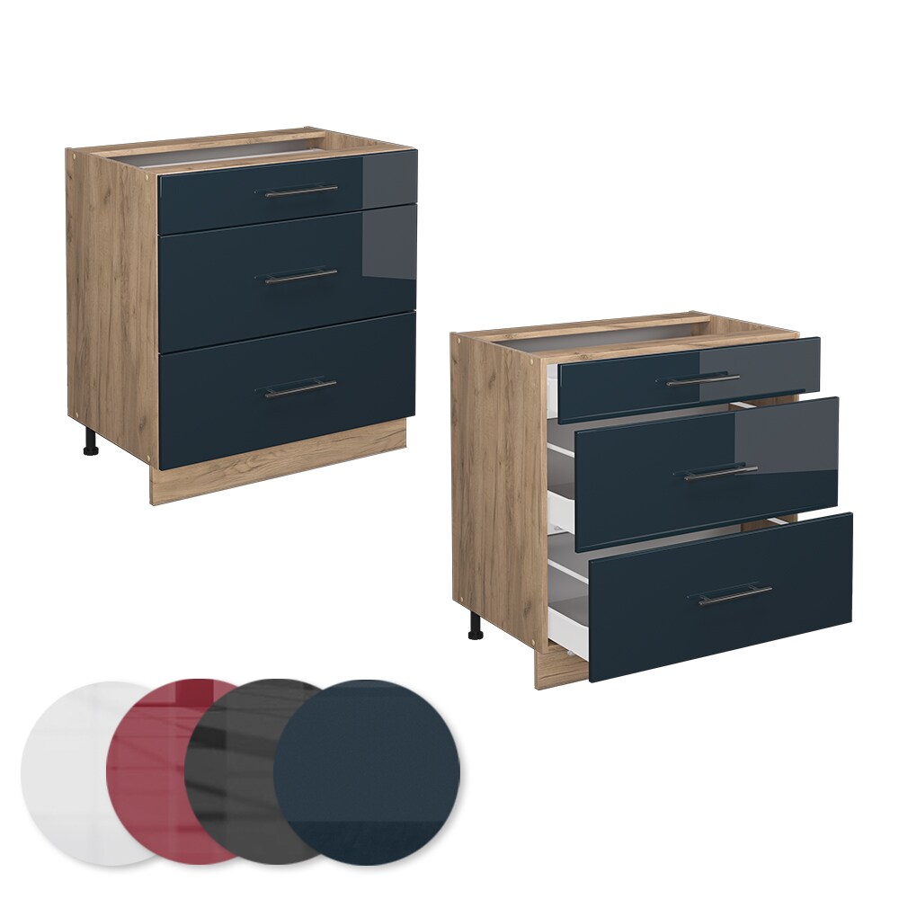 Vicco Schubladenunterschrank Fame-Line Eiche Dunkelblau Hochglanz 80 cm mit Arbeitsplatte Weiß-Marmor