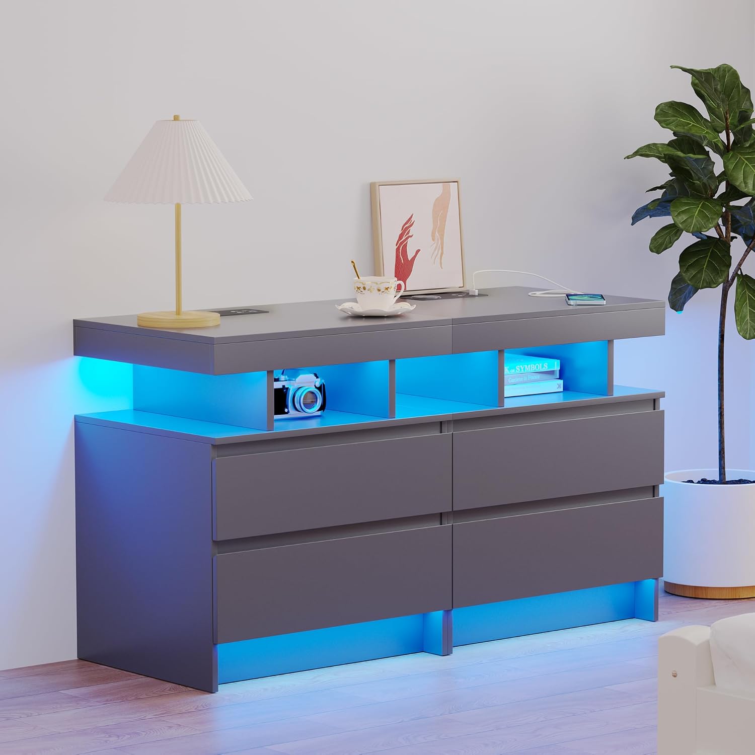 Vlsrka LED Nachttisch mit Ladestation, Nachttisch mit 3 Farben Licht, Smart Nachttische mit Drahtloses Laden, Nachtkästchen mit 2 Schubladen, Moderner Nachtschrank Schlafzimmer Wohnzimmer, Grau