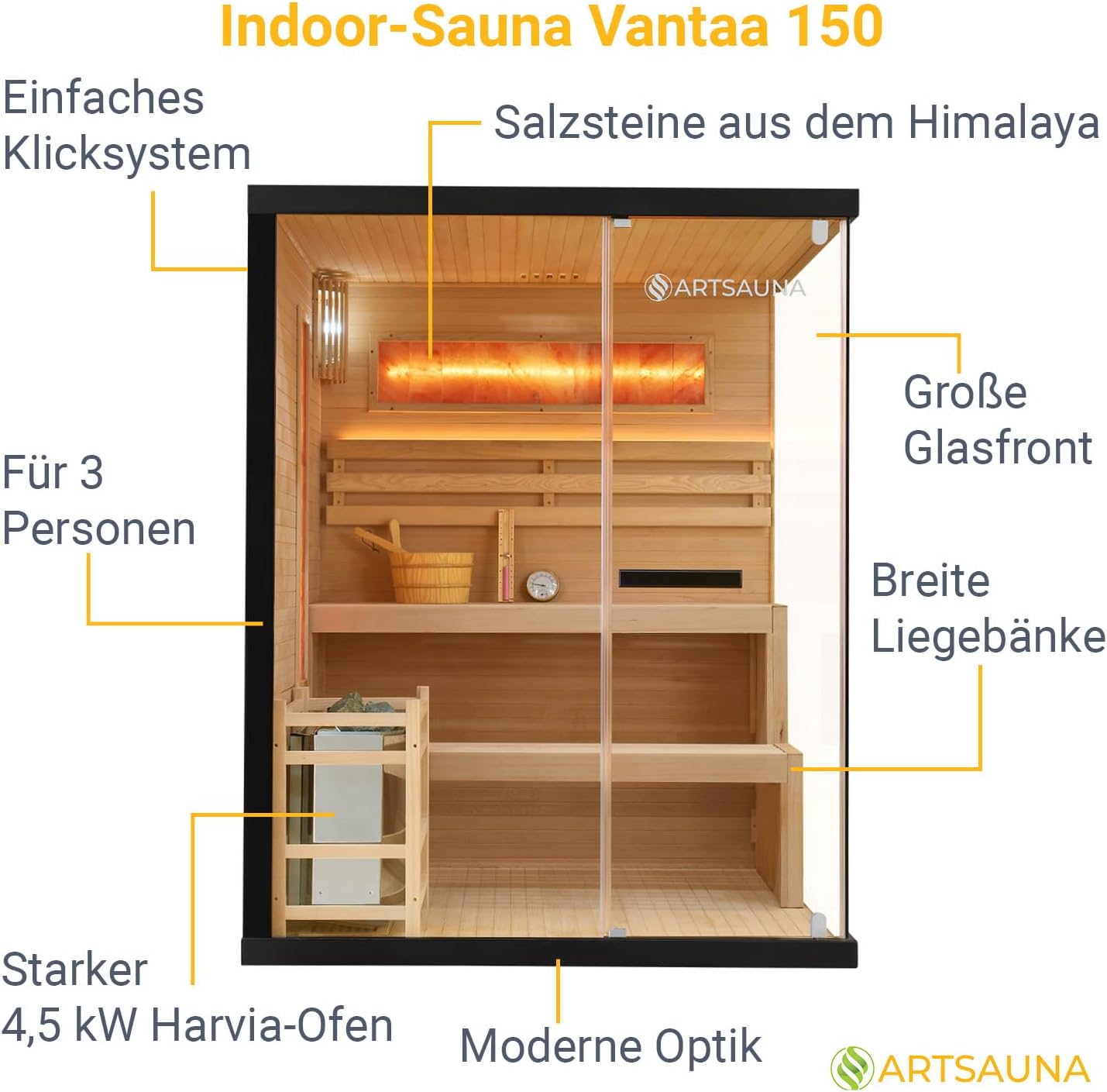Artsauna Saunakabine Vantaa 150 mit Salzstein - Indoor Sauna 3 Personen - 4,5 kW Ofen, Glasfront, LED Licht, Thermometer & Sanduhr - Komplett Set