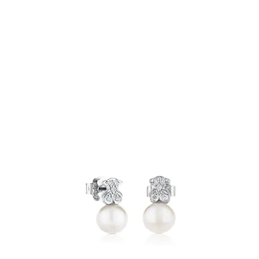 Brincos de cachorrinho em ouro branco com pérolas cultivadas e diamantes.