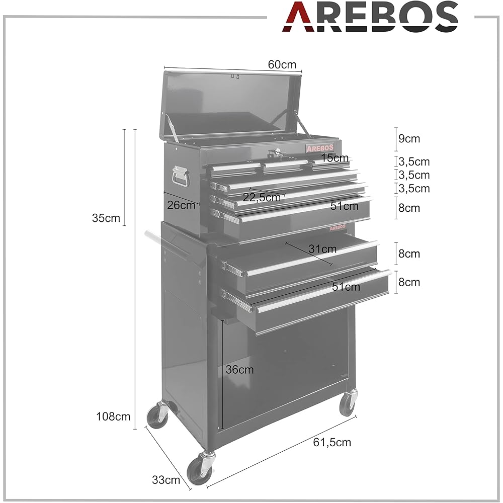 AREBOS Servante d'atelier à 9 tiroirs | Tapis antidérapants | Chariot avec Caisse à Outils Amovible | Verrouillable | sur roulement à Billes | Freins d'arrêt | Noir | 71x 67 x 37cm : Bricolage