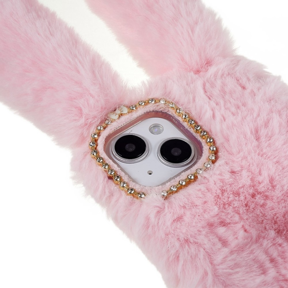 iPhone 14 3D Gummi Plüsch Case Hülle Bunny mit Flauschigen Hasenohren - Rosa
