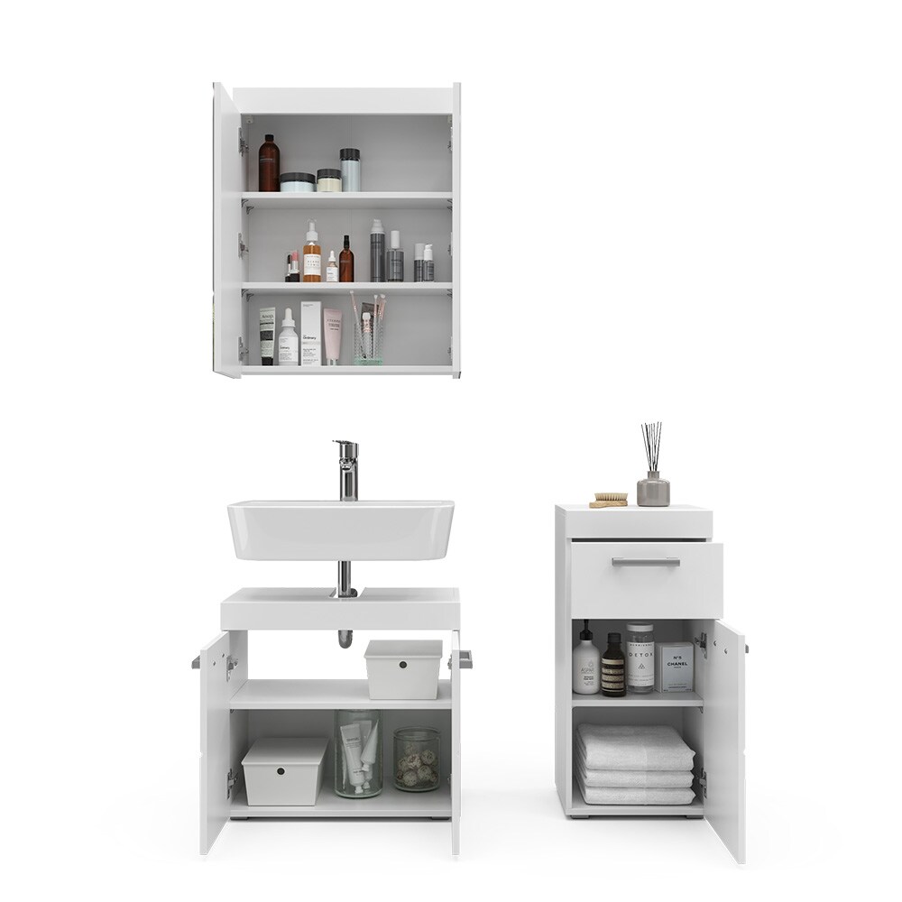 Vicco Badmöbelset Luna Weiß Skandi Badezimmerschrank Badschrank Waschtischunterschrank Spiegelschrank Midischrank Schranktür Schrankfach Schrankschublade Ablage Aufbewahrung