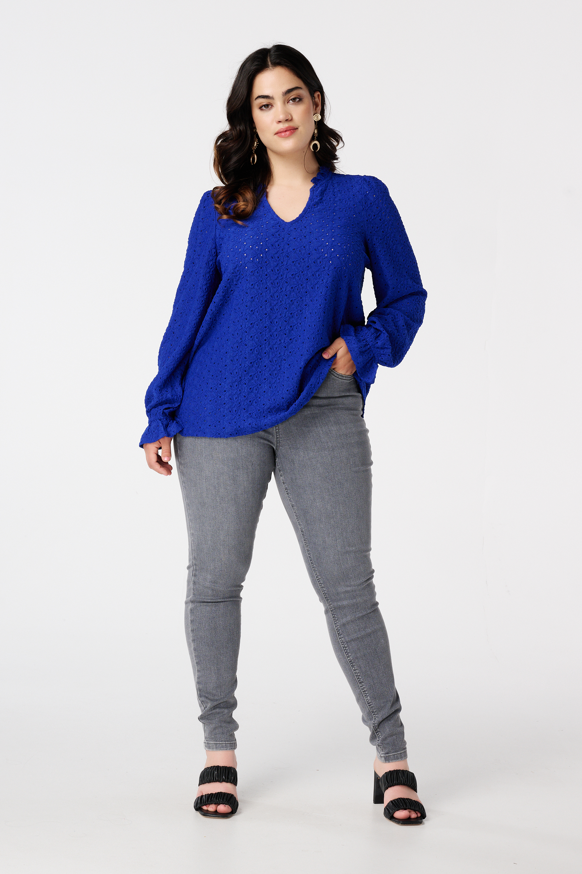 Top met broderie Kobalt blauw