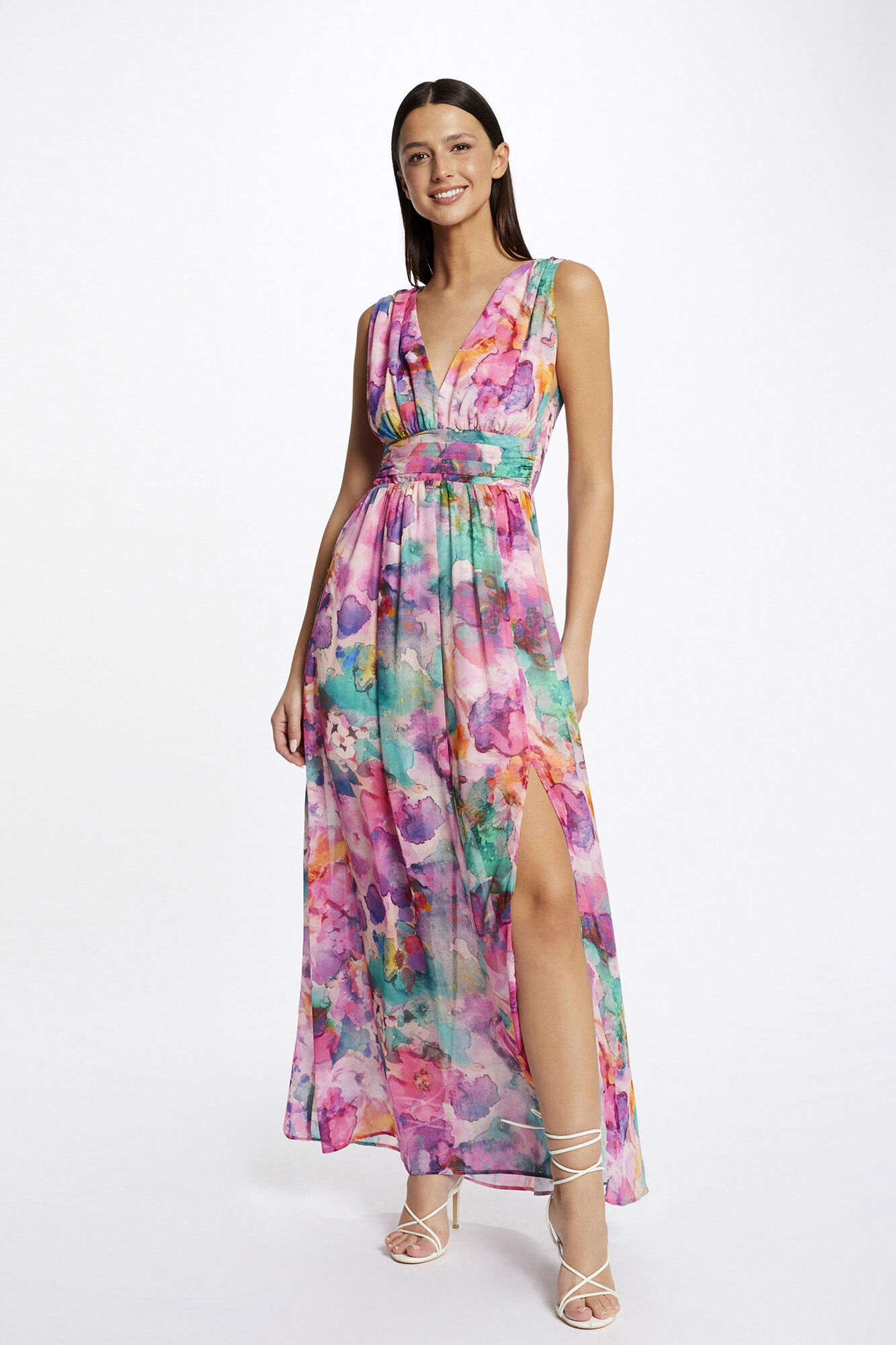 Vestido longo justo com estampa floral - Multicolorido