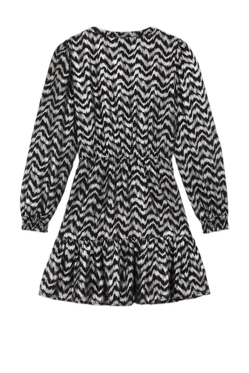 WE Fashion jurk met all over print en ruches zilver/zwart