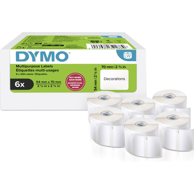 Étiquettes 54 mm x 70 mm DYMO LabelWriter - Rouleau de 320 étiquettes - Boîte de 6 rouleaux