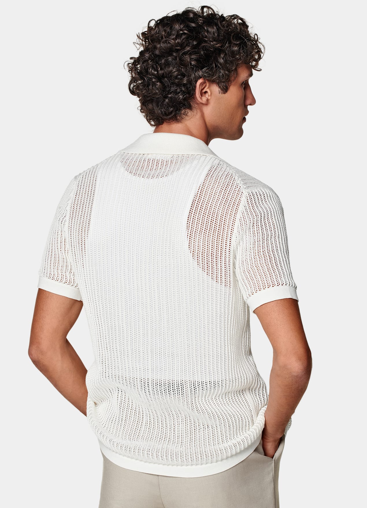 Cardigan col polo en crochet blanc cassé