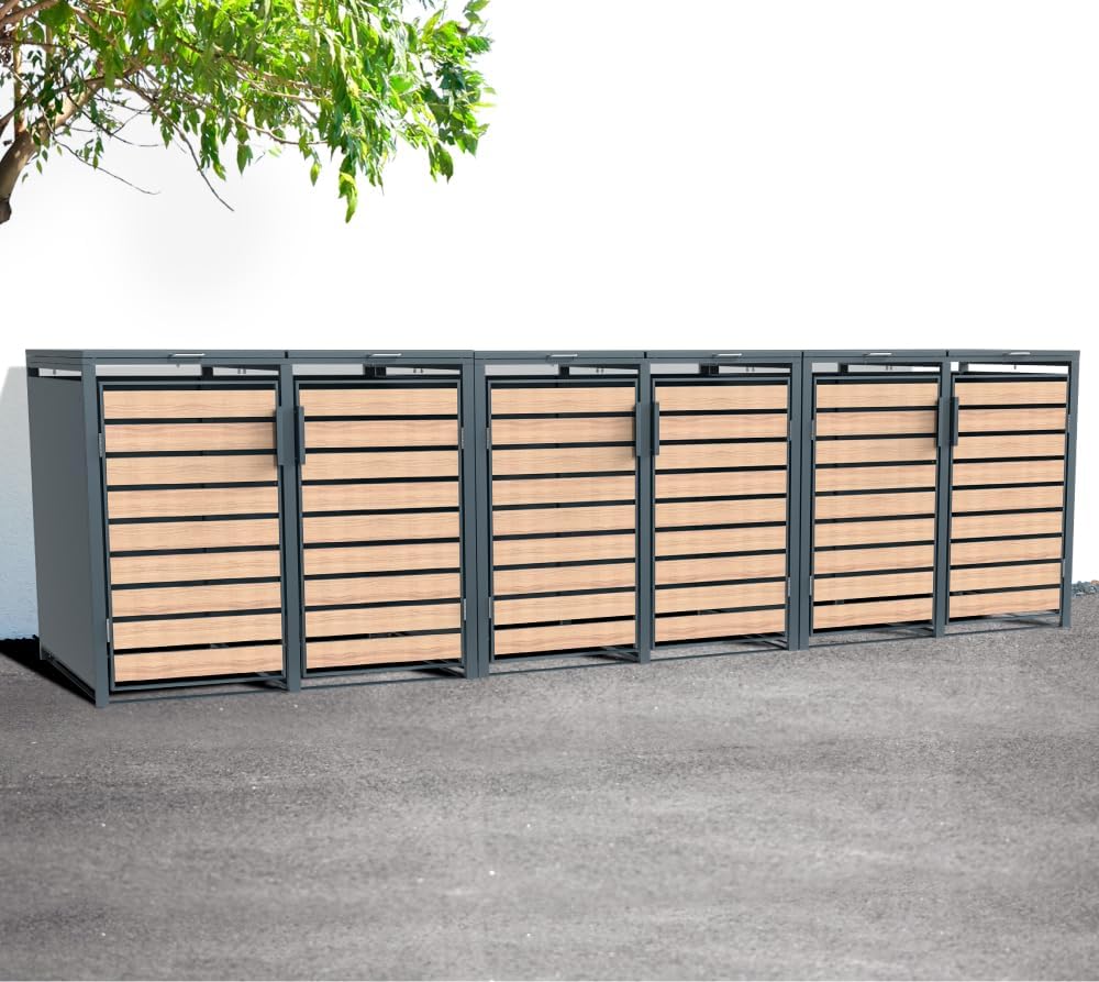 Westmann Metall Mülltonnenbox Lacina 6x240 L Anthrazit Holzoptik Mülltonnen Verkleidung mit Gasdruckfedern Pulverbeschichteter Stahl Wetterfest & stabil Klappdeckel & Fronttüren