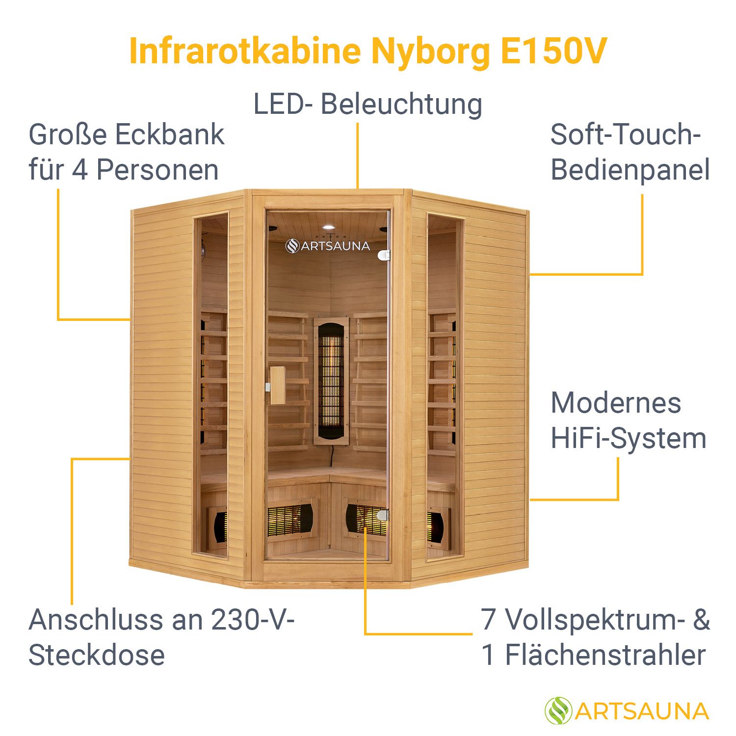 Artsauna Eck Infrarotkabine Nyborg E150V Vollspektrum mit Ambiente Beleuchtung – 4 Personen