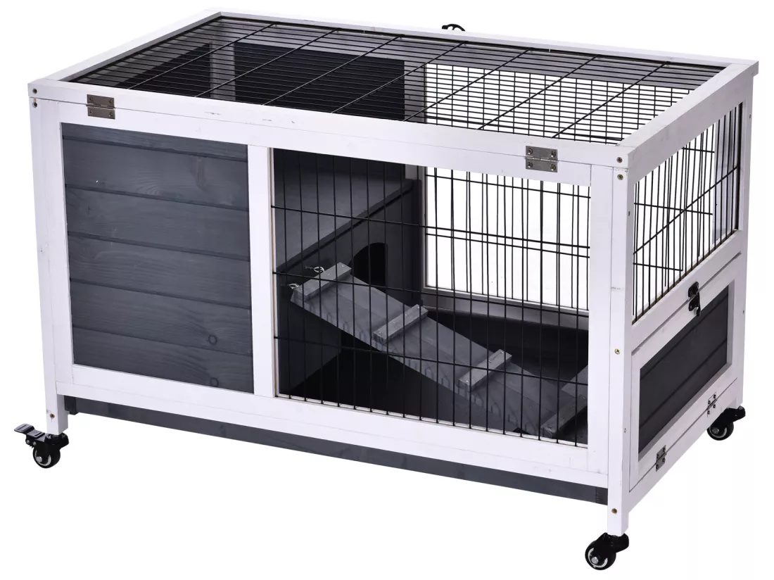 Clapier à lapin sur roulettes cage à lapin 2 étages porte verrouillable toit ouvrant plateau coulissant rampe bois de sapin gris blanc