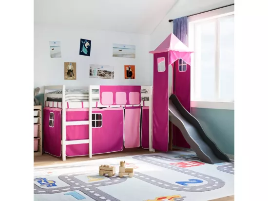 Lit mezzanine enfants avec tour rose 80x200cm bois pin massif