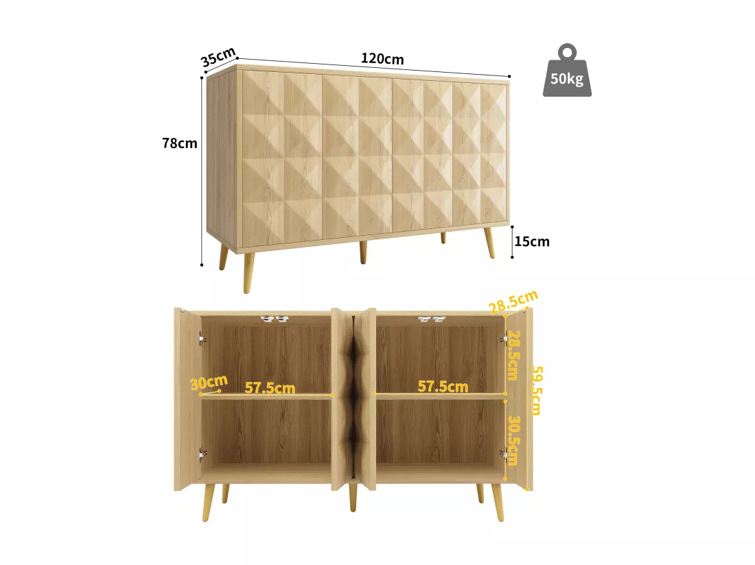 Buffet avec 4 portes gaufrée - 120 x 35 x 78 cm - MDF - pour salle à manger et salon - Naturel